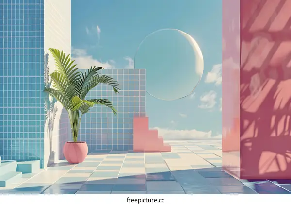Minimalist Geometric 3D Render Of A Tropical Scene With A Pink Plant