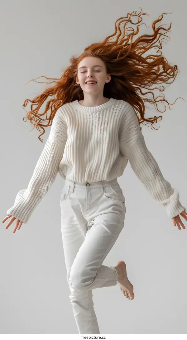 Redhead woman with freckles in white clothes jumping in the air