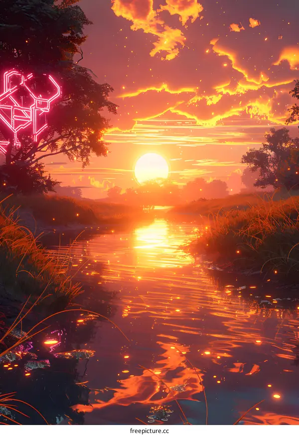 fantasy landscape with river and neon trees at sunset