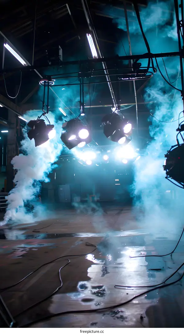 Blue Smoke and Stage Lights in an Empty Warehouse