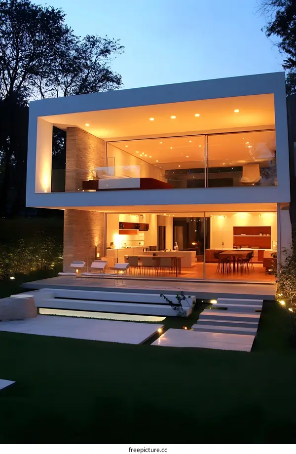 Modern House with Outdoor Patio and Swimming Pool at Night
