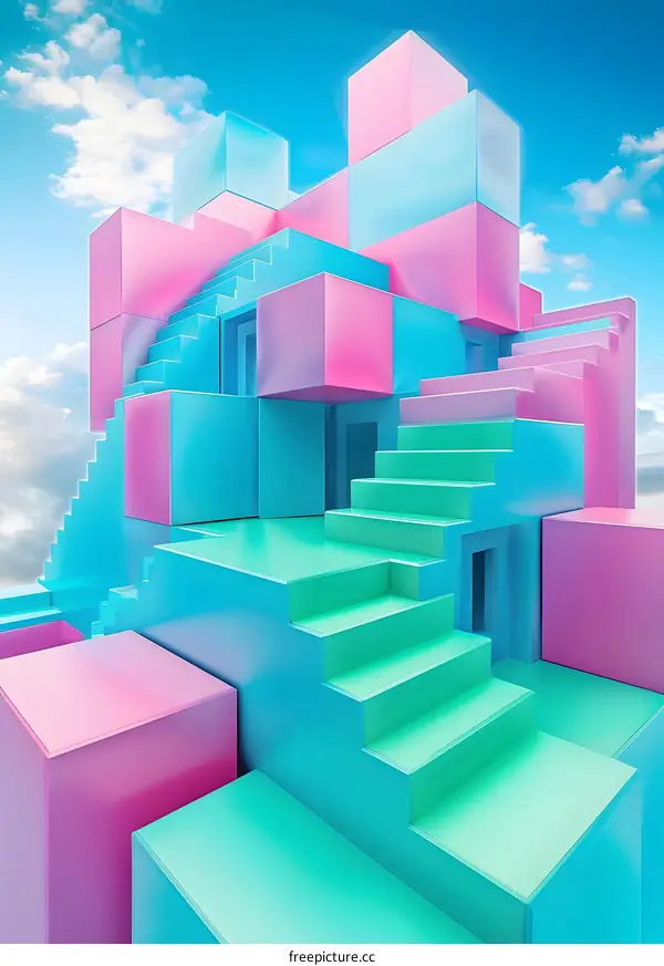Abstract Geometric Shapes Colorful 3D Design with Staircase