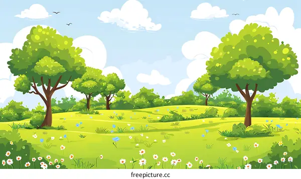 Cartoon Illustration Of A Green Grass Field With Trees