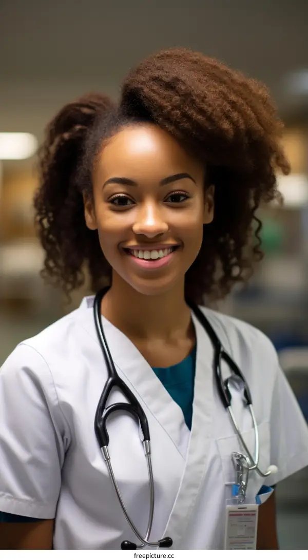 Portrait of a smiling young African American female doctor or nurse wearing a white coat and stethoscope
