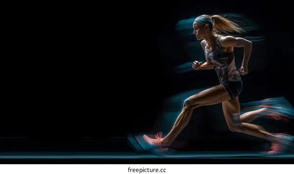 Female runner in motion on dark background with blue light streaks
