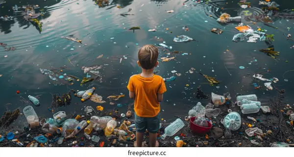boy standing in polluted water