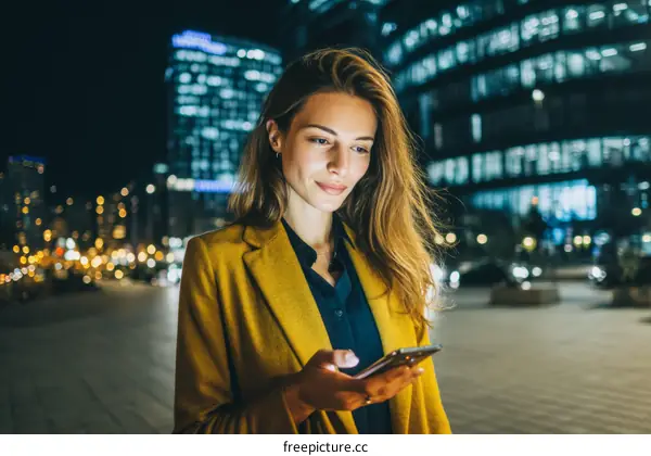 Woman using mobile phone in city night