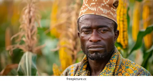 Portrait of a Ghanaian farmer standing in a field of corn.