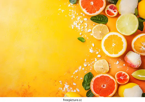 Fresh Citrus Fruits On Yellow Background