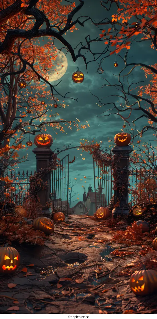 Halloween Pumpkin Hanging from a Tree Branch at Night