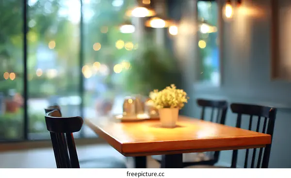 Cozy Cafe Interior with Wooden Table and Chairs