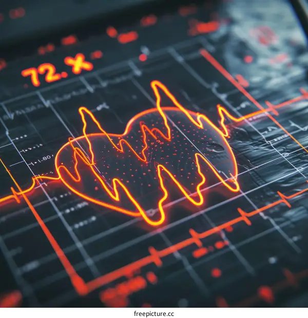 Futuristic illustration of a glowing red heart rate monitor