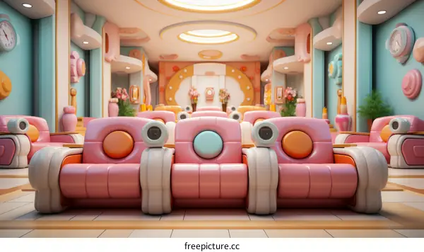 Retro futuristic pink and blue pastel alien spaceship interior