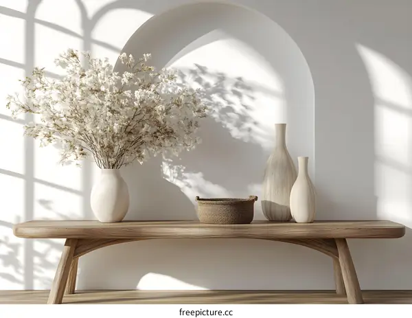 Minimalist Home Decor with Wooden Bench and Dried Flowers