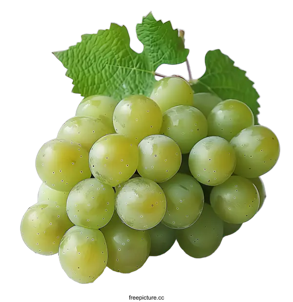 [Transparent Background PNG]A bunch of green grapes with leaves on a white background