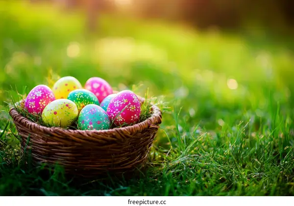 Easter Eggs in a Basket in a Meadow