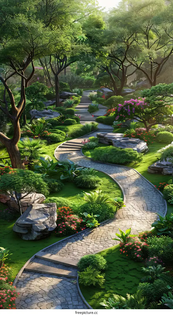 Winding Path through a Lush Green Garden