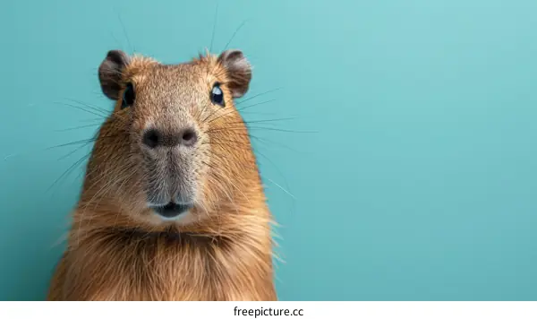 Close-up portrait of a brown guinea pig looking at the camera with a blue background