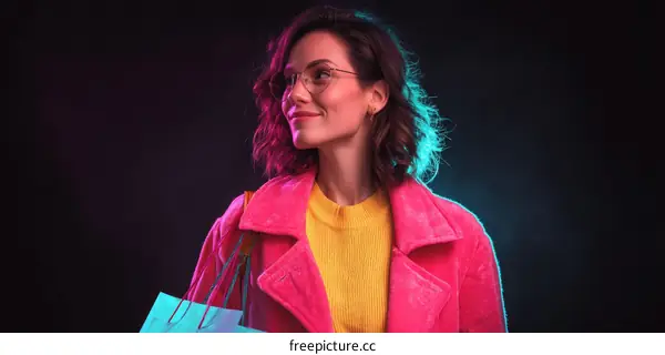 Trendy Woman with Shopping Bags in Neon Light