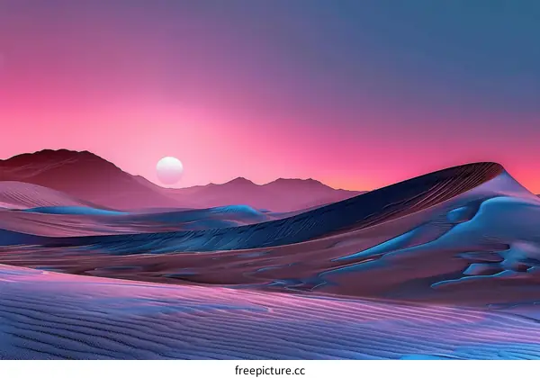 Blue and pink desert landscape with a large moon