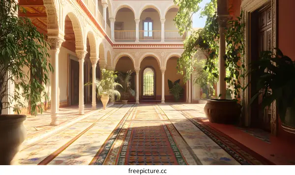 Ornate Courtyard with Arched Columns and Plants