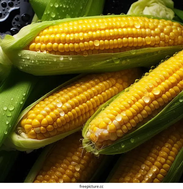 Close-up Still Life of Fresh Corn on the Cob with Green Husks