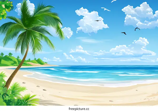 Tropical Beach with Palm Trees and Blue Sky