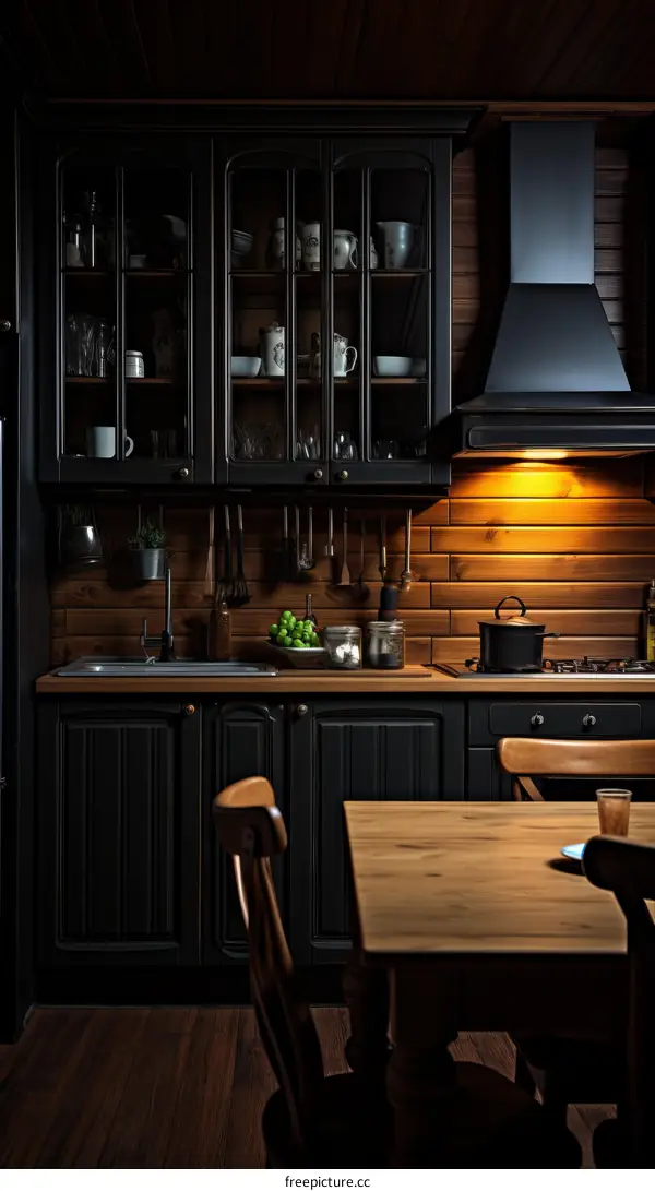 Black wooden kitchen cabinets with a wooden table and chairs