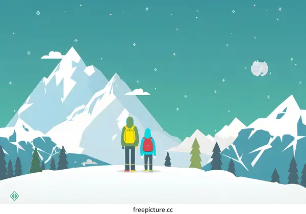 Two People Looking at Mountain Range with Snow