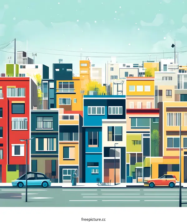 Colorful Cityscape Illustration with Buildings and Cars
