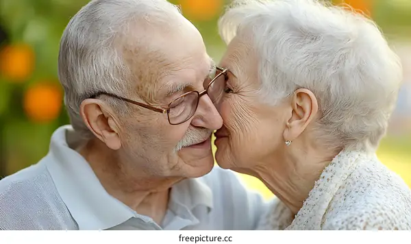 Elderly Couple Affectionate Kissing Outdoors