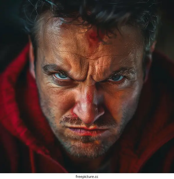 Portrait of an intense man with blood on his face