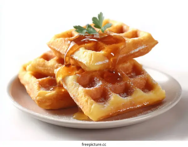 Delicious golden waffles topped with maple syrup and fresh parsley