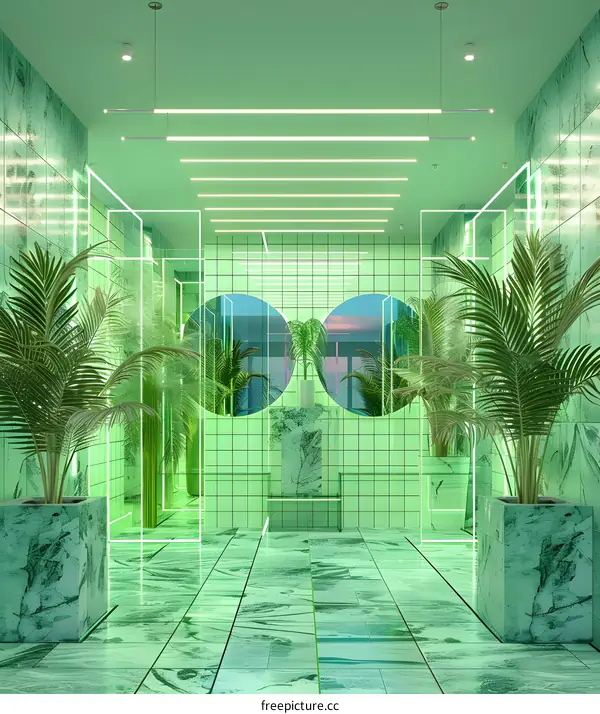 Green Neon Lights Interior Design with Palm Trees