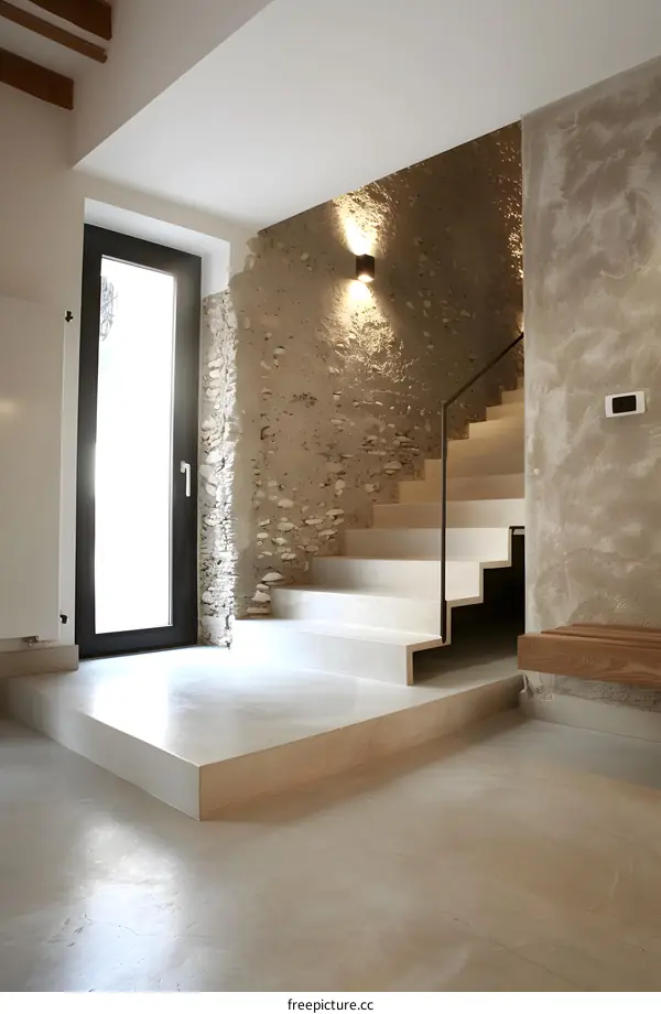 Modern Minimalist Home Interior Design with Stone Wall and Wooden Beam