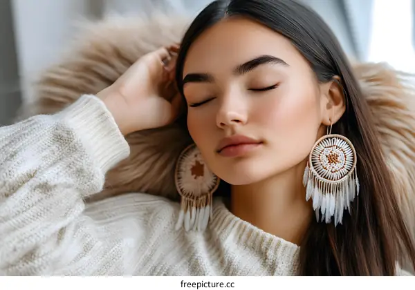 Closeup Portrait of Woman with Dreamcatcher Earrings