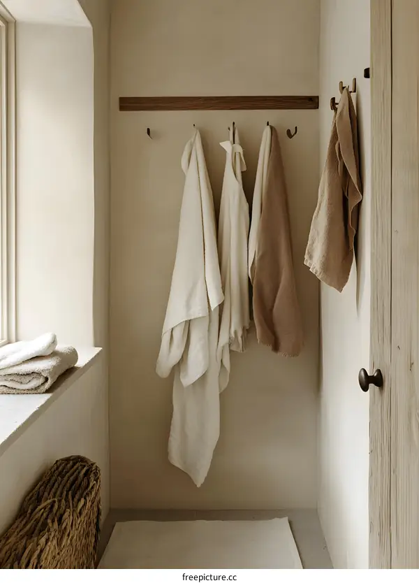 White Towels Hanging on a Wooden Rail in a Bathroom