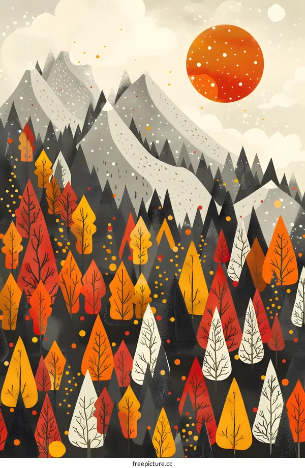 Autumn Forest With Mountains and Red Sun