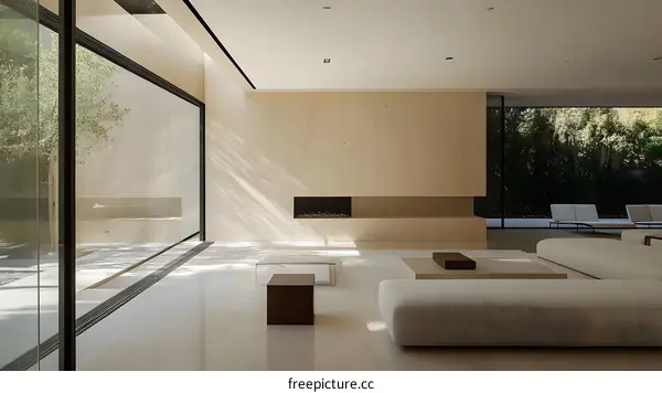 Modern Minimalist Living Room With Beige Walls and Large Windows