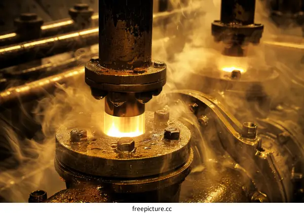 Industrial machinery sparking and steaming