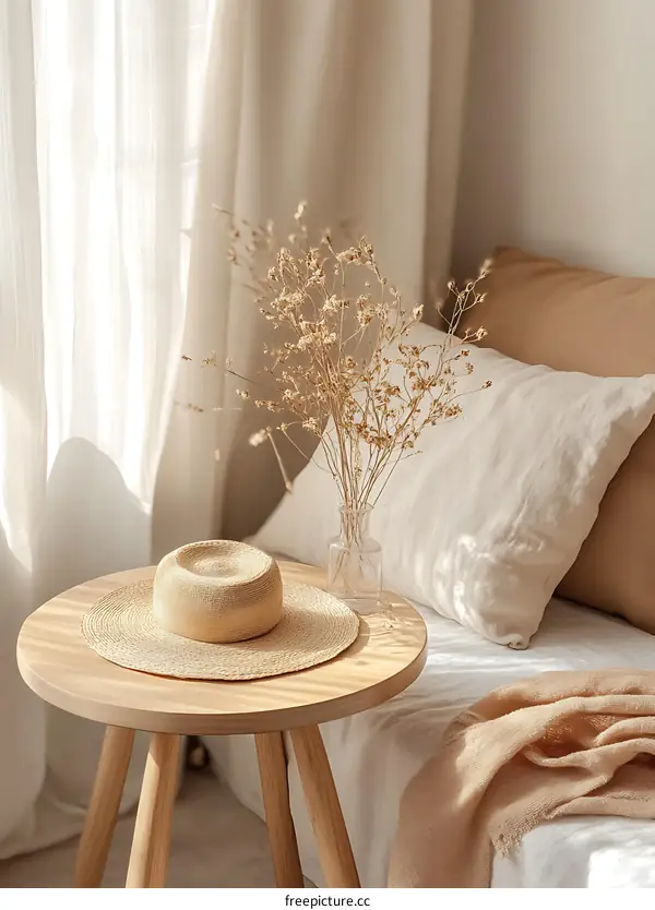 Minimalist Interior Design With Straw Hat and Dried Flowers