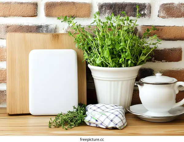 White Ceramic Pot With Green Plant On Wooden Table