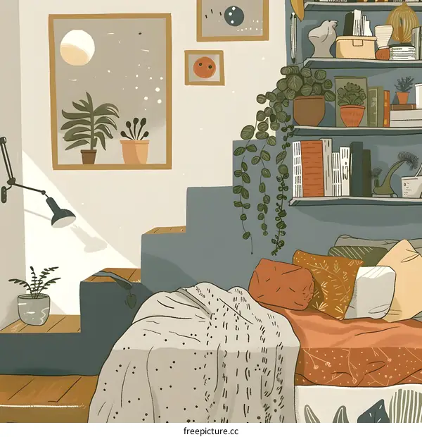 Cozy Bedroom Illustration with Plants and Bookshelf