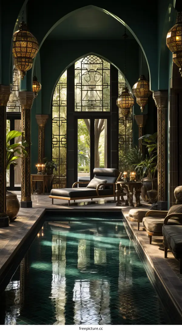 Indoor pool with Moroccan architecture