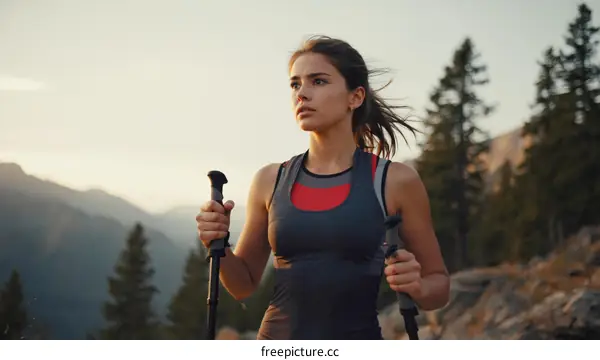 Woman Hiking in Mountains at Sunset