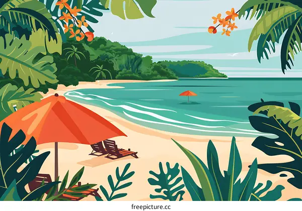 Tropical Beach Illustration With Palm Trees and Beach Chairs