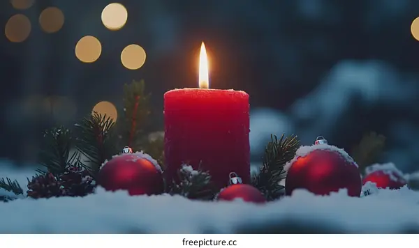Christmas Candle with Ornaments in Snow