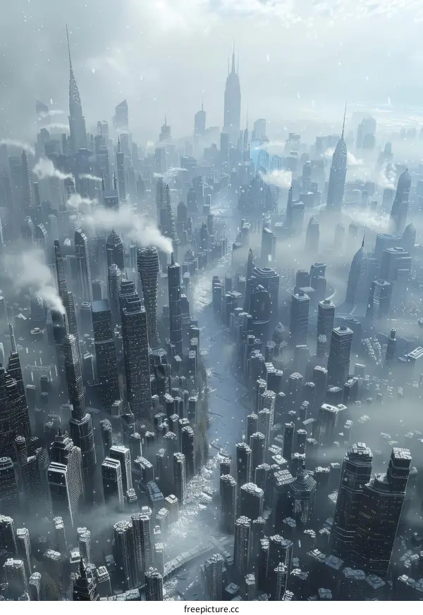 Snowy City Skyline with Buildings and Streets Covered in Snow