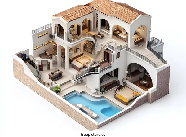 Cutaway View Of A Modern Villa With Swimming Pool