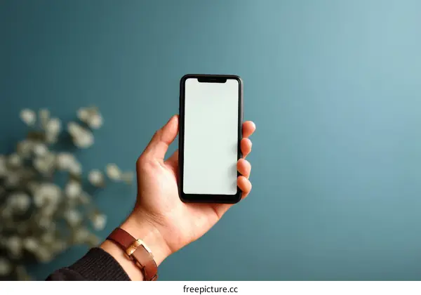 Hand Holding Smartphone with Blank Screen Against Teal Background